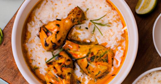 Kari s kuřecím masem a kokosovým mlékem.