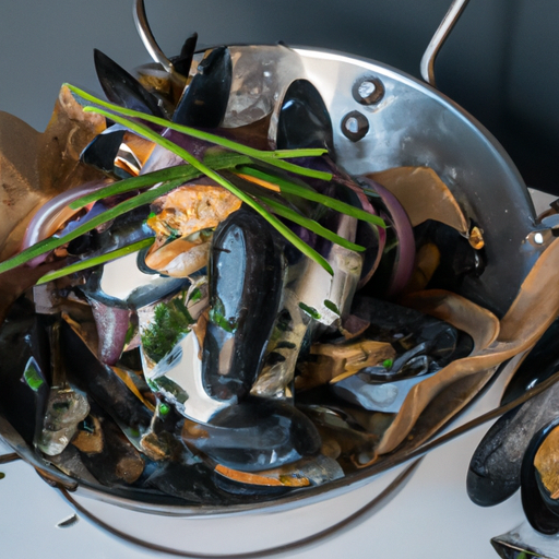 Moules Frites s majonézou s cibulí.