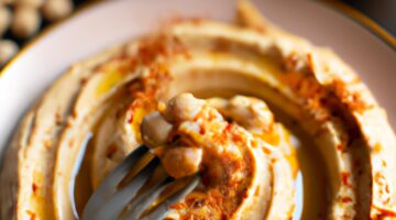 Hummus s baklažánem a piniovými oříšky.