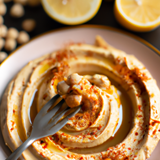 Hummus s baklažánem a piniovými oříšky.