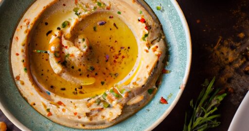 Hummus s olivovým olejem a piniovými oříšky