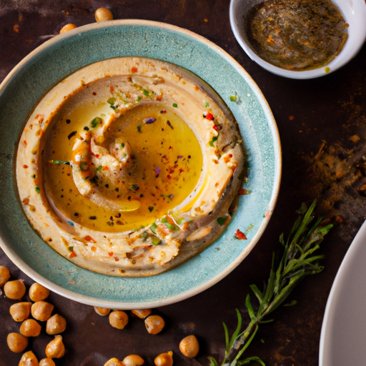 Hummus s olivovým olejem a piniovými oříšky