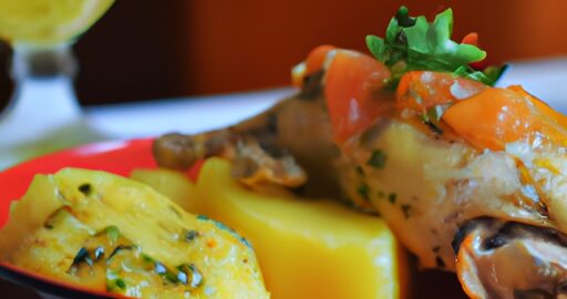 Kuřecí pečeně s brambory a kukuřicí.