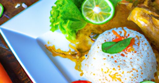 Indonéské kuře s arašídy a rýží.