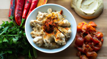 Kuřecí kebab s hummusem a tabbouleh.