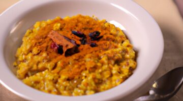 Kuskus s jehněčím a sladkou šafránovou omáčkou.