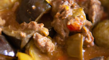 Eggplant stew with lamb meat.