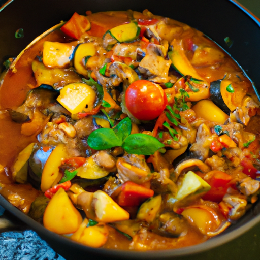 Ratatouille s kozím sýrem a bazalkou.