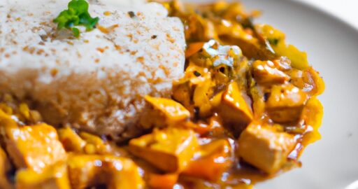 Rajská omáčka s tofu a rýží.