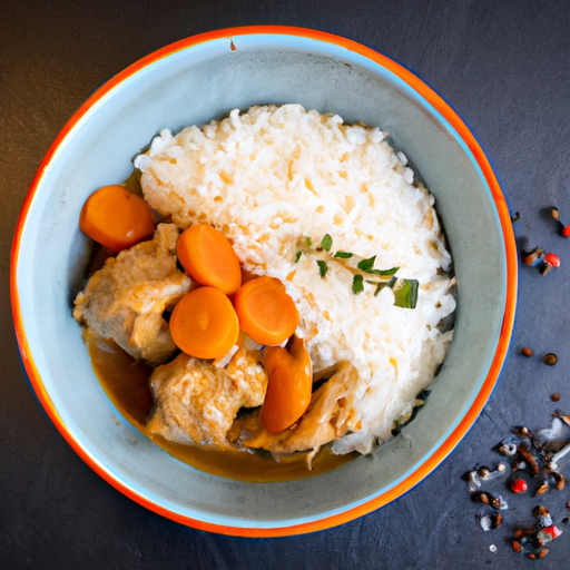 Jehněčí kari s rýží a hráškem.