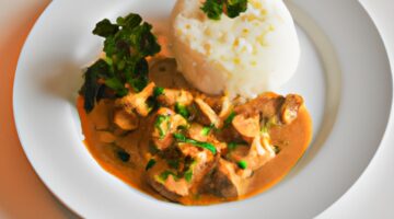 Kuřecí stroganoff s rýží.