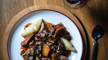 Boeuf bourguignon bečka s burgundským vínem.