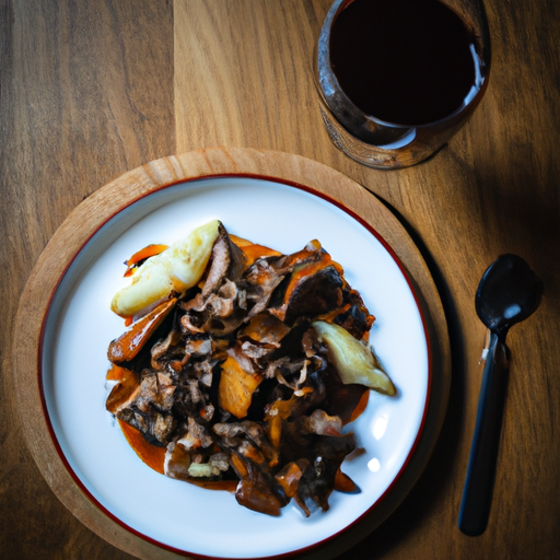 Boeuf bourguignon bečka s burgundským vínem.