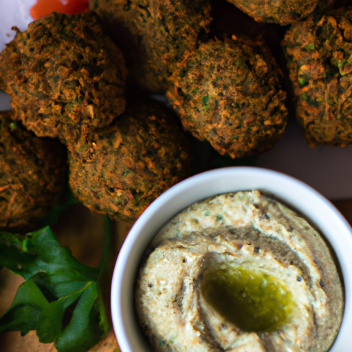 Falafel s hummusem a salátem.