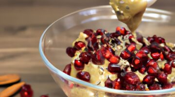 Humus s granátovým jablkem a piniovými oříšky.