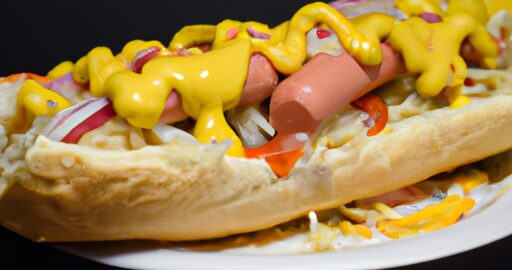 Kuřecí hotdog s cibulí a majonézou.
