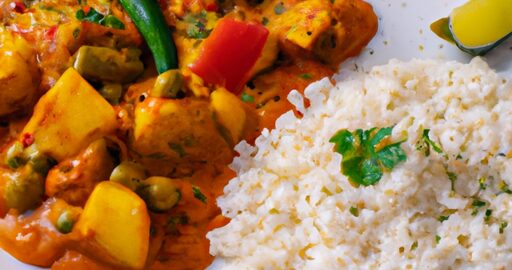 Jehněčí korma s rýží a papadam.