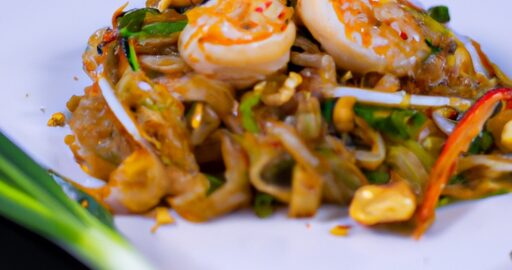 Kuřecí pad thai s arašídy.
