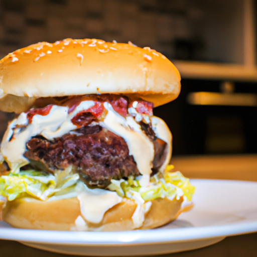 Hamburger s bramborovým salátem a omáčkou