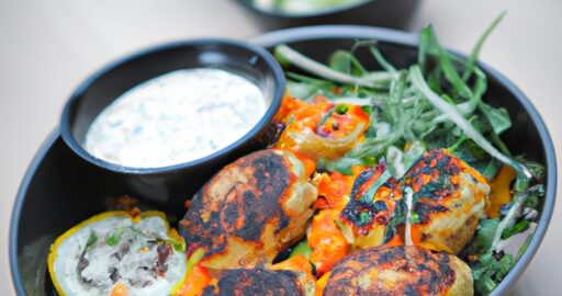 Kuřecí kofta kebab s hummusem.