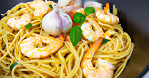 Nudle s krevetami a zeleninou.