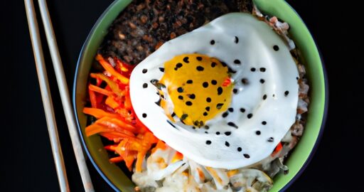 Bibimbap – tradiční korejské směsi rýže se zeleninou a masem.
