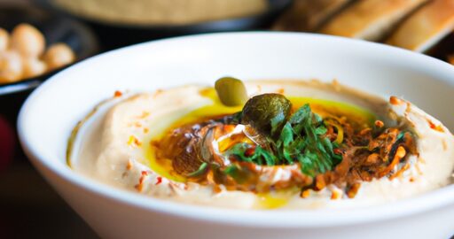 Hummus s libanonským chlebem a olivami