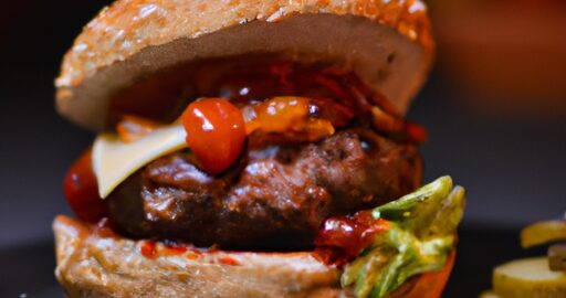 Hamburger s hranolkami a kyselým okurkovým salátem