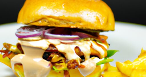 Hamburger s hranolkami a omáčkou.