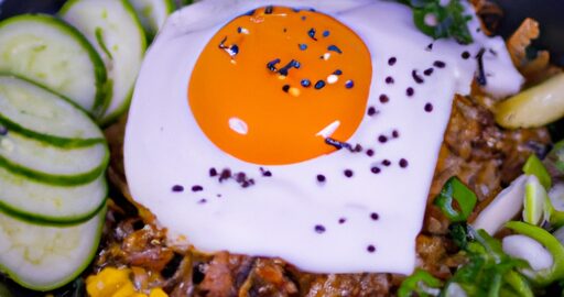 Bibimbap – tradiční korejský směsice rýže s grilovaným masem a zeleninou.