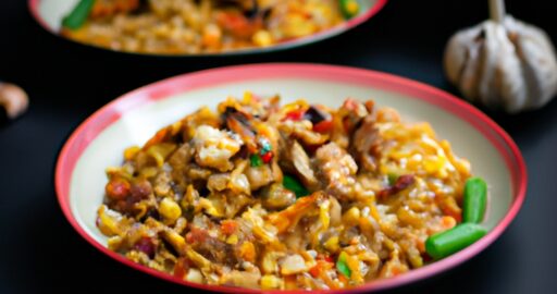 Indonéský nasi goreng s kuřecím.