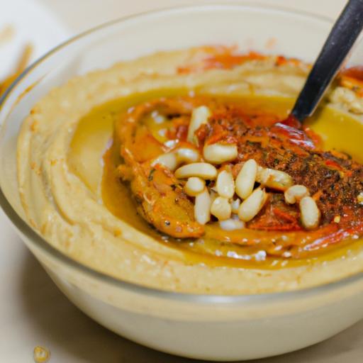 Hummus s pepřovou omáčkou a piniovými ořechy